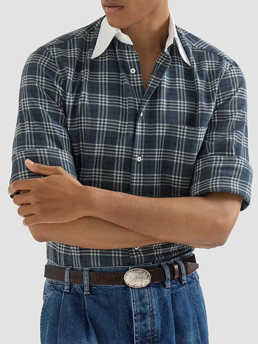 Brunello Cucinelli Men's Cotton and Lyocell Tartan Flannel Shirt with Contrast Italian Collar | Thumbnail 5 Brunello Cucinelli Men's Cotton and Lyocell Tartan Flannel Shirt with Contrast Italian Collar | Thumbnail 5