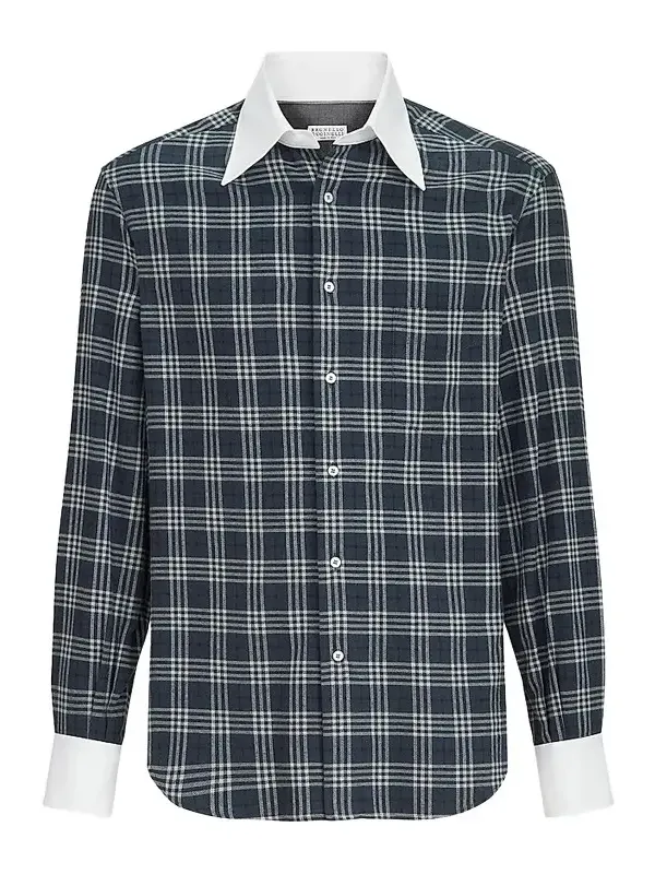 Brunello Cucinelli Men's Cotton and Lyocell Tartan Flannel Shirt with Contrast Italian Collar