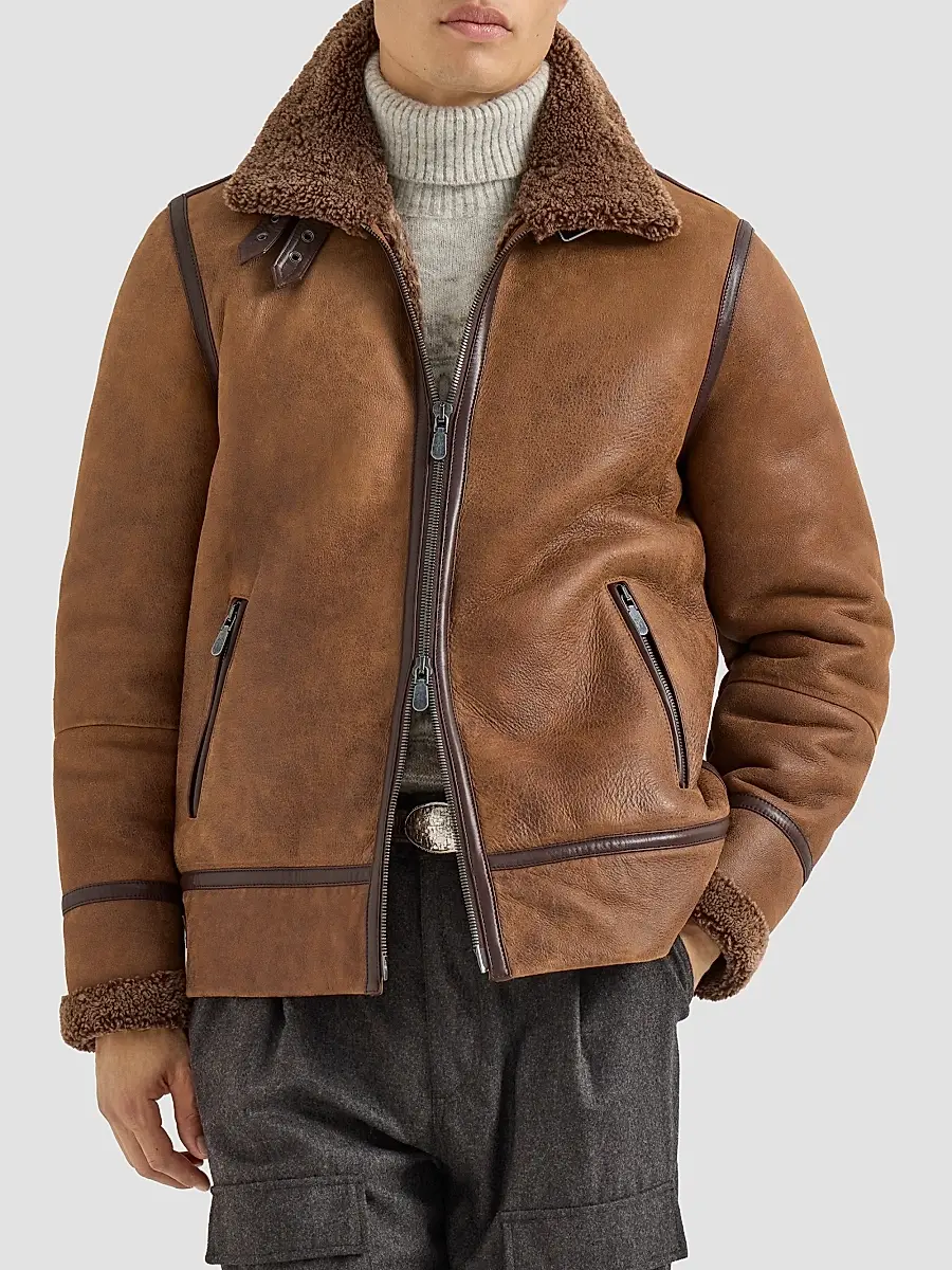 Brunello Cucinelli Men's Vintage-Effect Shearling Aviator Jacket | Thumbnail 2 Brunello Cucinelli Men's Vintage-Effect Shearling Aviator Jacket | Thumbnail 2