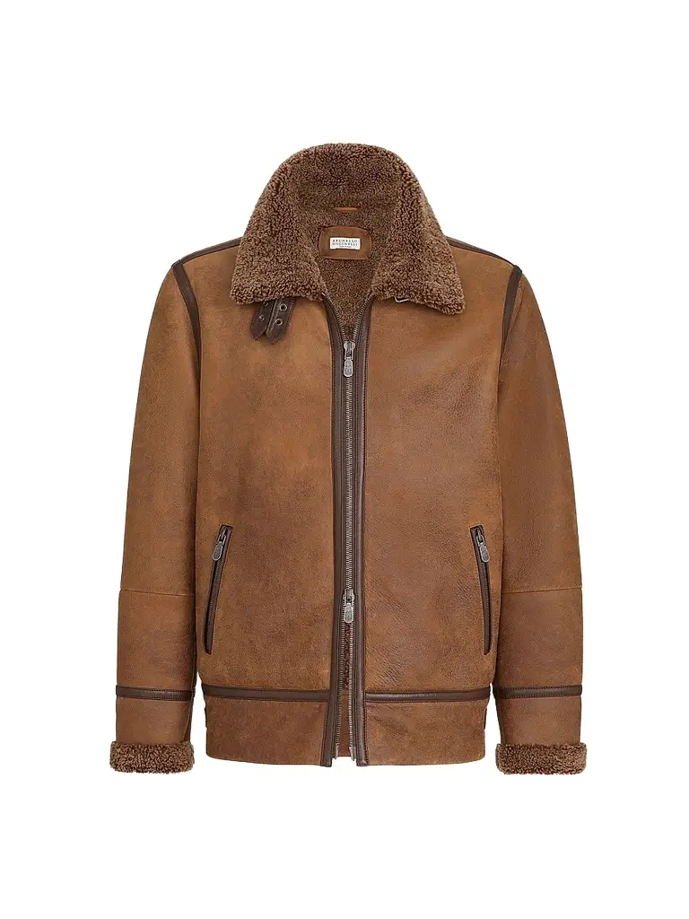 Brunello Cucinelli Men's Vintage-Effect Shearling Aviator Jacket - Light Brown | Image 1 Brunello Cucinelli Men's Vintage-Effect Shearling Aviator Jacket - Light Brown | Image 1