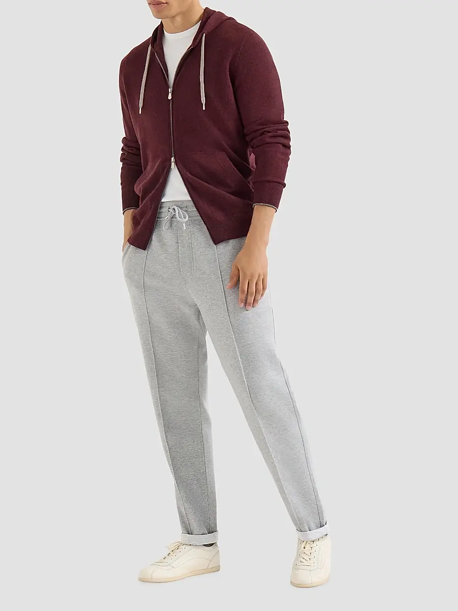 Brunello Cucinelli Men's Cashmere Hooded Knit Sweatshirt with Zipper - Burgundy | Thumbnail 2 Brunello Cucinelli Men's Cashmere Hooded Knit Sweatshirt with Zipper - Burgundy | Thumbnail 2