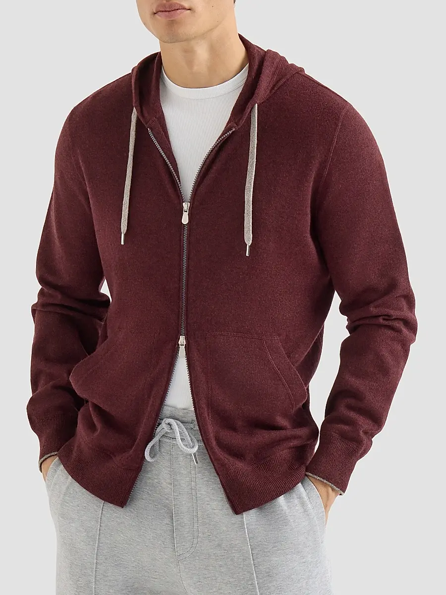Brunello Cucinelli Men's Cashmere Hooded Knit Sweatshirt with Zipper - Burgundy | Thumbnail 3 Brunello Cucinelli Men's Cashmere Hooded Knit Sweatshirt with Zipper - Burgundy | Thumbnail 3