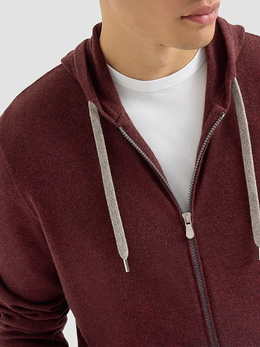 Brunello Cucinelli Men's Cashmere Hooded Knit Sweatshirt with Zipper - Burgundy | Thumbnail 5 Brunello Cucinelli Men's Cashmere Hooded Knit Sweatshirt with Zipper - Burgundy | Thumbnail 5