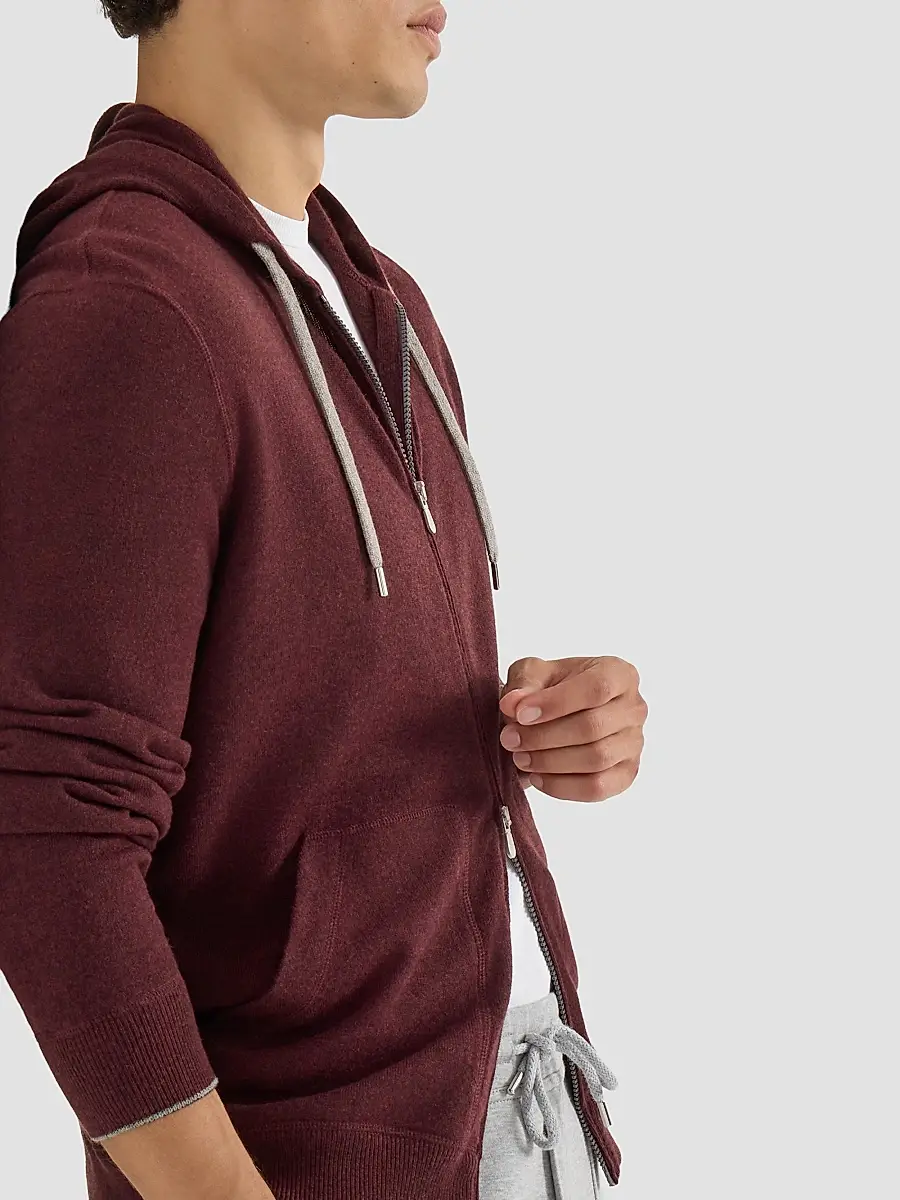 Brunello Cucinelli Men's Cashmere Hooded Knit Sweatshirt with Zipper - Burgundy | Thumbnail 6 Brunello Cucinelli Men's Cashmere Hooded Knit Sweatshirt with Zipper - Burgundy | Thumbnail 6