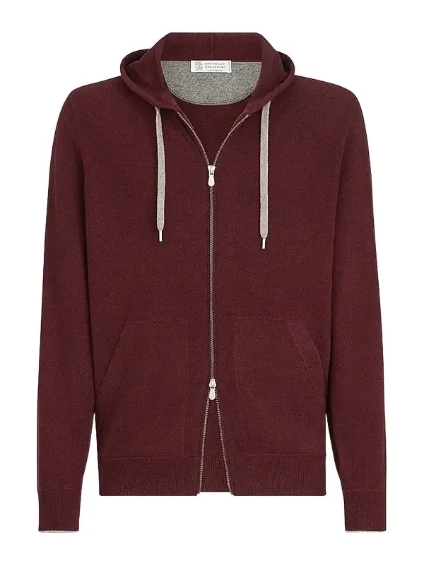 Brunello Cucinelli Men's Cashmere Hooded Knit Sweatshirt with Zipper - Burgundy