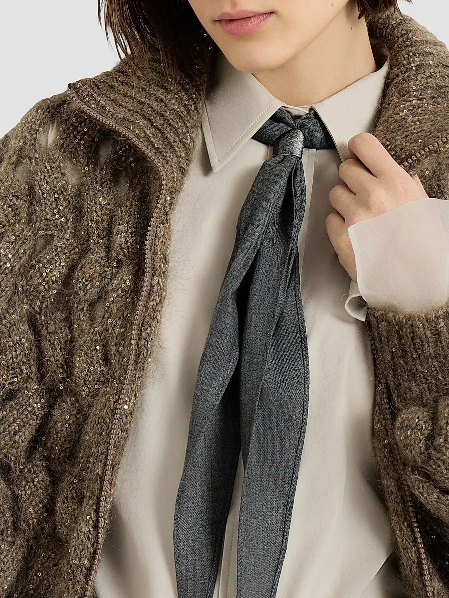 Brunello Cucinelli Women's Virgin Wool Organza Necktie with Monili - Dark Grey | Thumbnail 2