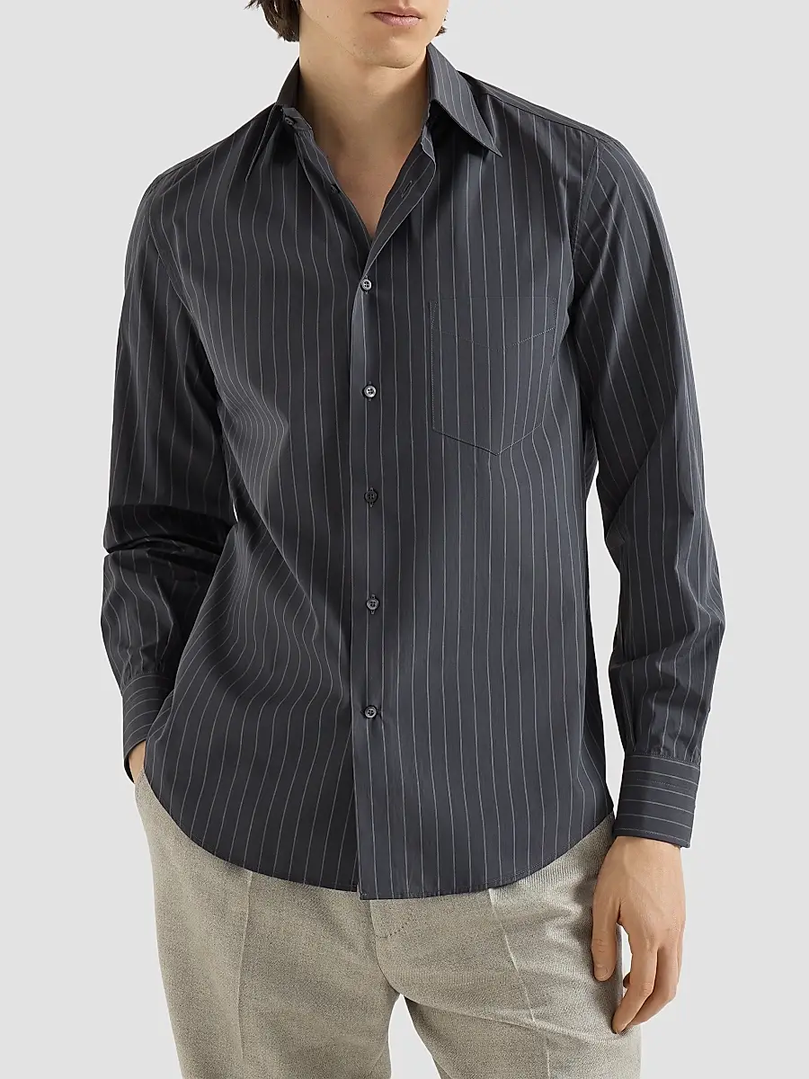 Brunello Cucinelli Men's Double Pinstripe Cotton Overshirt with Italian Collar - Dark Grey | Thumbnail 3 Brunello Cucinelli Men's Double Pinstripe Cotton Overshirt with Italian Collar - Dark Grey | Thumbnail 3
