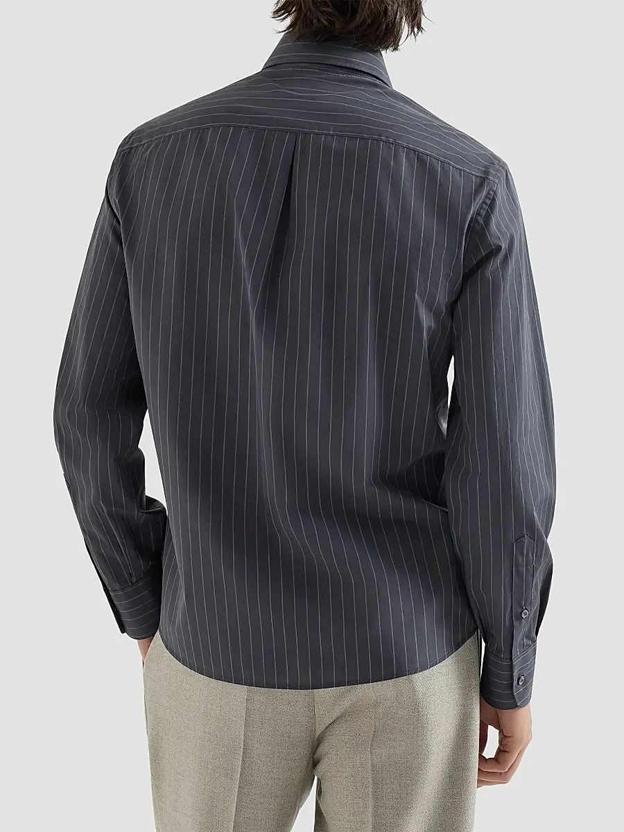 Brunello Cucinelli Men's Double Pinstripe Cotton Overshirt with Italian Collar - Dark Grey | Thumbnail 4 Brunello Cucinelli Men's Double Pinstripe Cotton Overshirt with Italian Collar - Dark Grey | Thumbnail 4