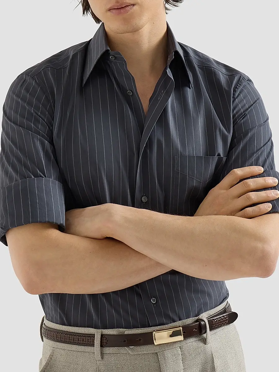 Brunello Cucinelli Men's Double Pinstripe Cotton Overshirt with Italian Collar - Dark Grey | Thumbnail 5 Brunello Cucinelli Men's Double Pinstripe Cotton Overshirt with Italian Collar - Dark Grey | Thumbnail 5