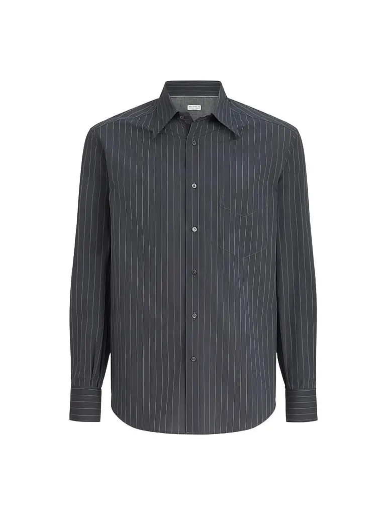 Brunello Cucinelli Men's Double Pinstripe Cotton Overshirt with Italian Collar - Dark Grey