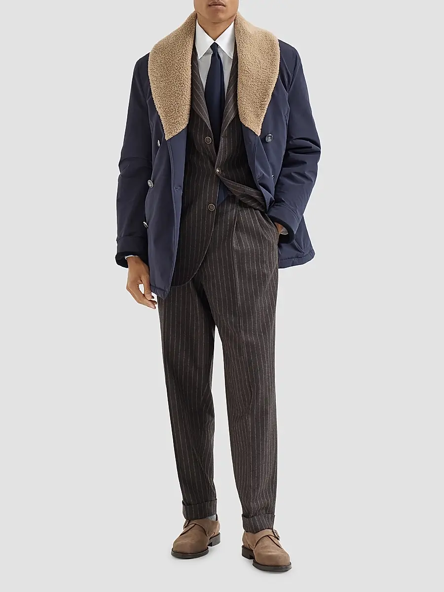 Brunello Cucinelli Men's Bonded Nylon Double-Breasted Coat with Shearling Lining - Navy Blue | Thumbnail 2 Brunello Cucinelli Men's Bonded Nylon Double-Breasted Coat with Shearling Lining - Navy Blue | Thumbnail 2