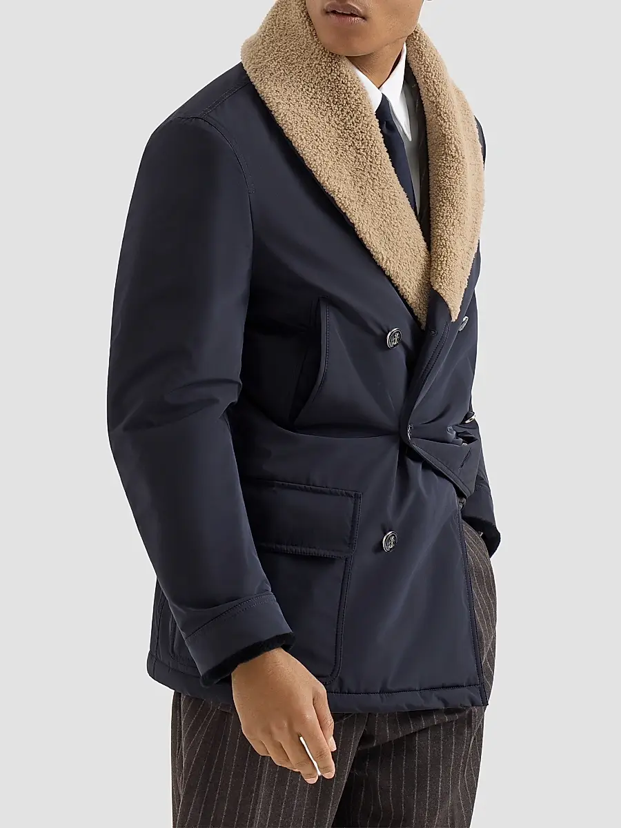 Brunello Cucinelli Men's Bonded Nylon Double-Breasted Coat with Shearling Lining - Navy Blue | Thumbnail 3 Brunello Cucinelli Men's Bonded Nylon Double-Breasted Coat with Shearling Lining - Navy Blue | Thumbnail 3
