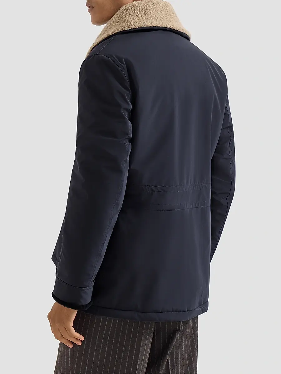 Brunello Cucinelli Men's Bonded Nylon Double-Breasted Coat with Shearling Lining - Navy Blue | Thumbnail 4 Brunello Cucinelli Men's Bonded Nylon Double-Breasted Coat with Shearling Lining - Navy Blue | Thumbnail 4