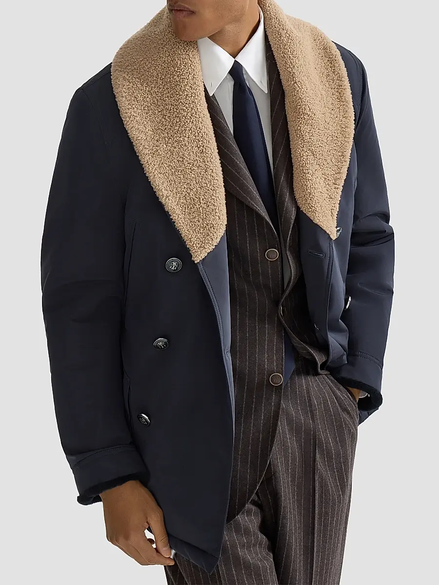 Brunello Cucinelli Men's Bonded Nylon Double-Breasted Coat with Shearling Lining - Navy Blue | Thumbnail 5 Brunello Cucinelli Men's Bonded Nylon Double-Breasted Coat with Shearling Lining - Navy Blue | Thumbnail 5