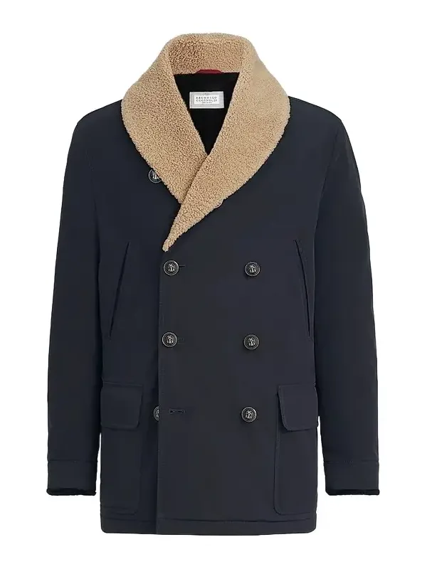 Men's Bonded Nylon Double-Breasted Coat with Shearling Lining - Navy Blue Men's Bonded Nylon Double-Breasted Coat with Shearling Lining - Navy Blue