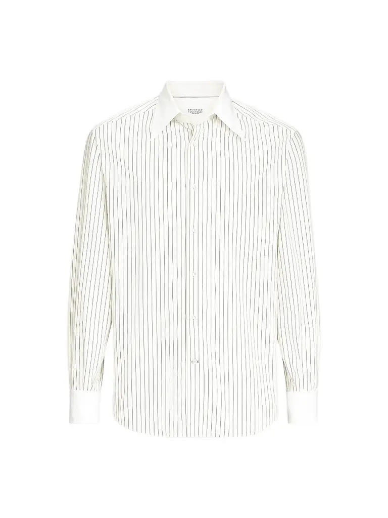 Brunello Cucinelli Men's Striped Cotton and Silk Shirt - White | Image 1 Brunello Cucinelli Men's Striped Cotton and Silk Shirt - White | Image 1