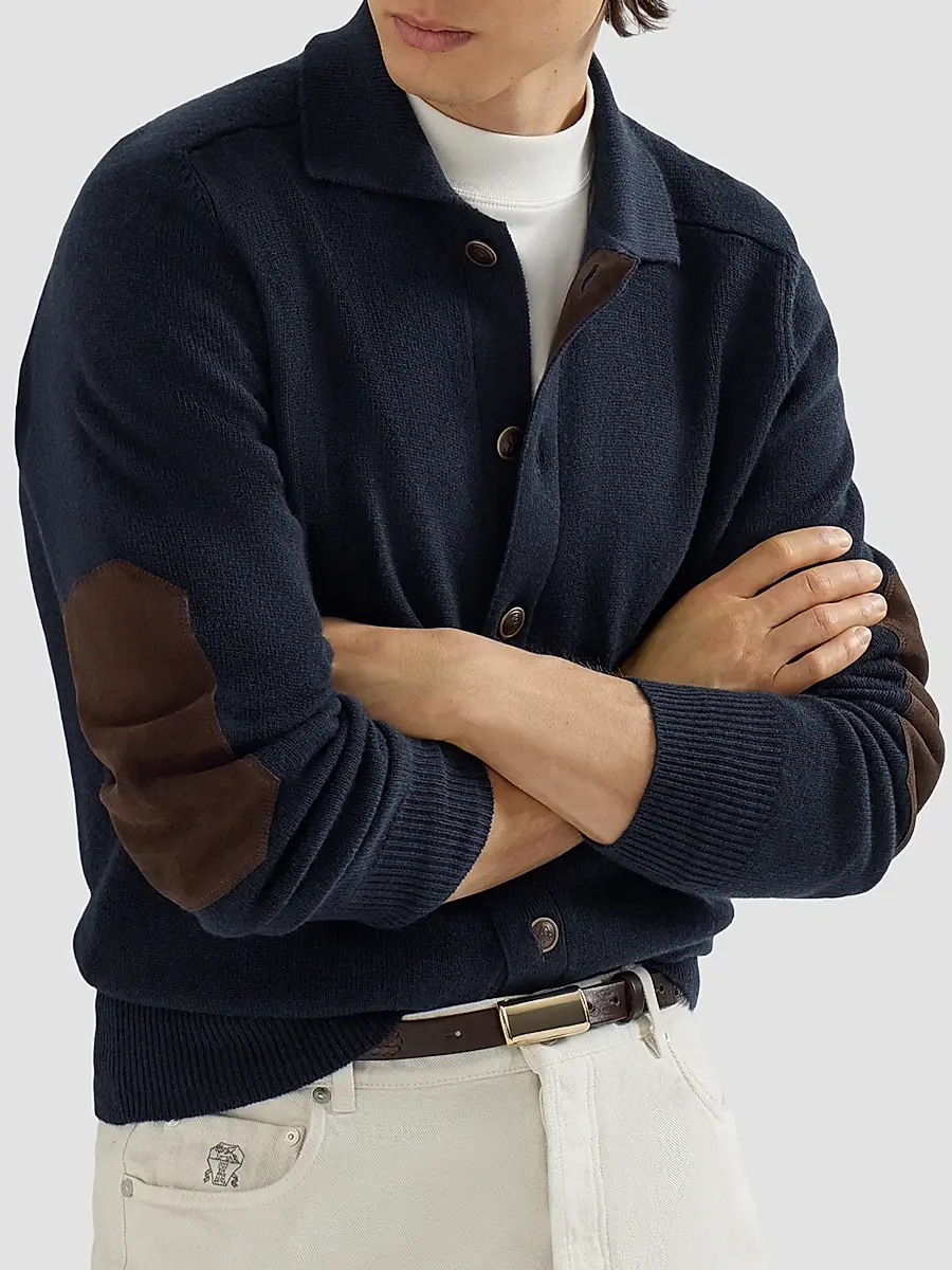 Brunello Cucinelli Men's Cashmere Cardigan with Shirt-Style Collar and Buttons - Navy Blue | Thumbnail 5 Brunello Cucinelli Men's Cashmere Cardigan with Shirt-Style Collar and Buttons - Navy Blue | Thumbnail 5