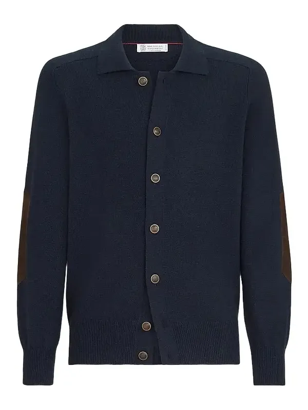 Men's Cashmere Cardigan with Shirt-Style Collar and Buttons - Navy Blue
