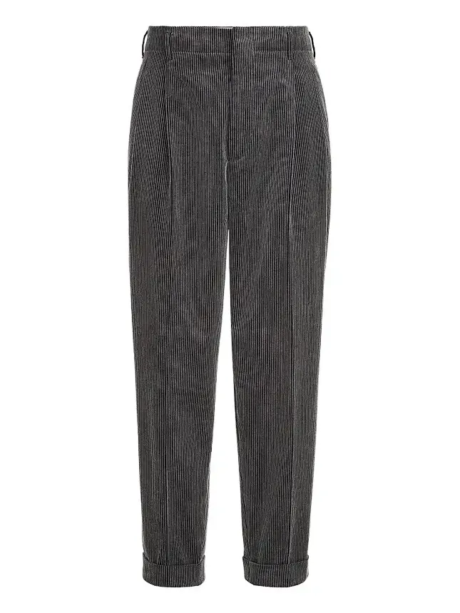 Brunello Cucinelli Men's Frosted Cotton Corduroy Trousers with Double Pleats - Grey