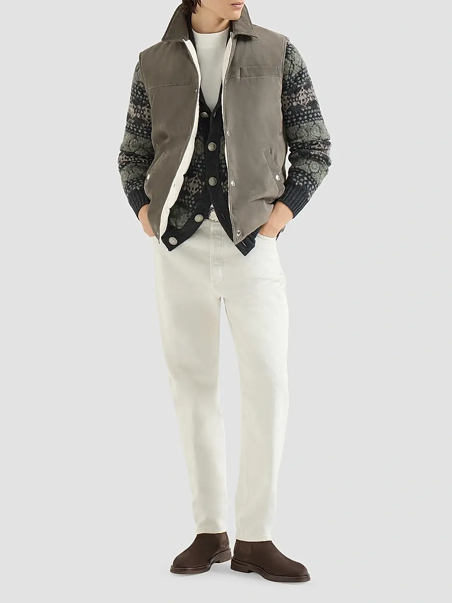 Brunello Cucinelli Men's Suede Down Vest with Shirt-Style Collar - Grey | Thumbnail 2 Brunello Cucinelli Men's Suede Down Vest with Shirt-Style Collar - Grey | Thumbnail 2