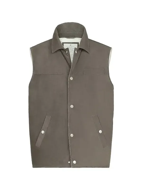 Brunello Cucinelli Men's Suede Down Vest with Shirt-Style Collar - Grey