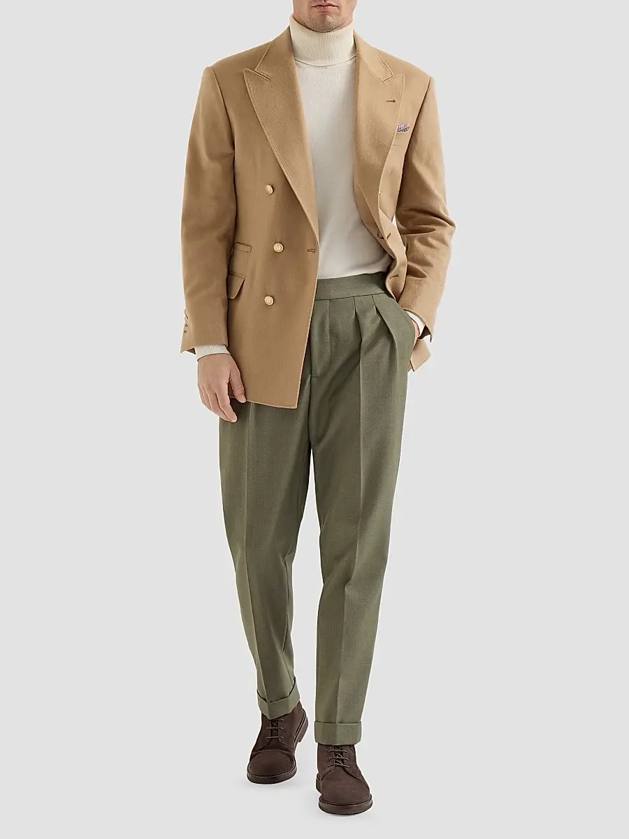Brunello Cucinelli Men's Virgin Wool Diagonal Trousers with Reversed Double Pleats | Thumbnail 2 Brunello Cucinelli Men's Virgin Wool Diagonal Trousers with Reversed Double Pleats | Thumbnail 2