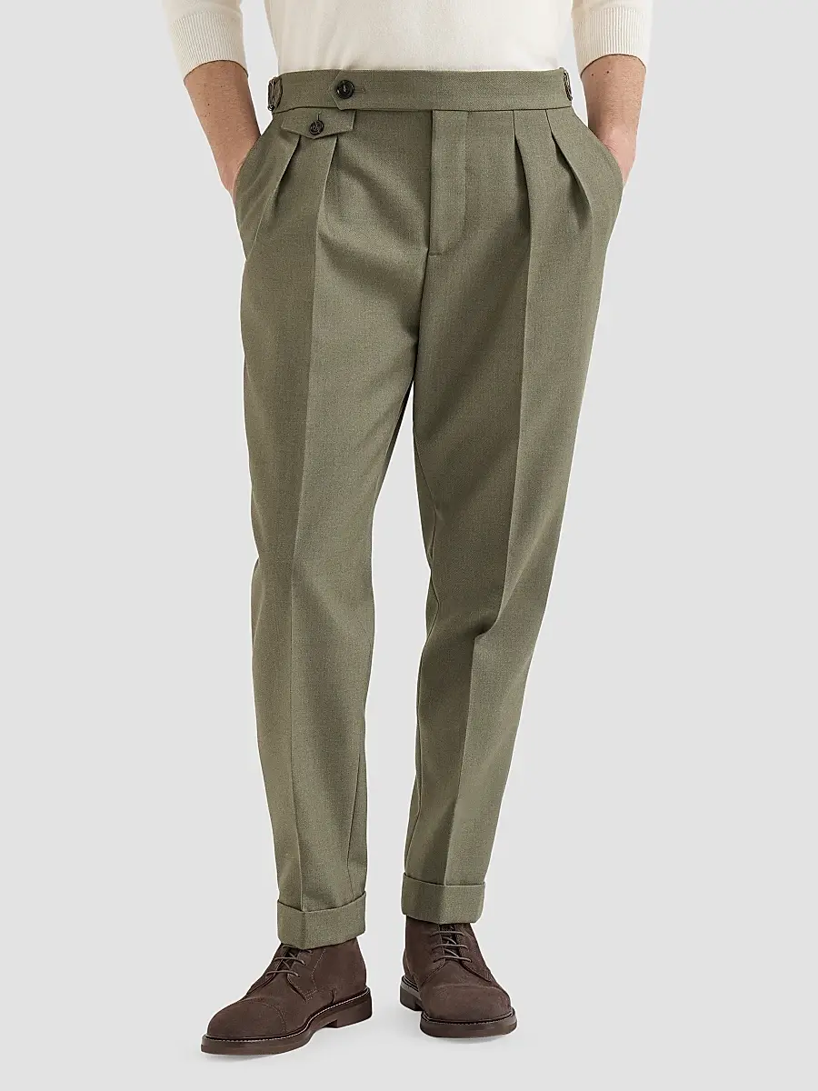 Brunello Cucinelli Men's Virgin Wool Diagonal Trousers with Reversed Double Pleats | Thumbnail 3 Brunello Cucinelli Men's Virgin Wool Diagonal Trousers with Reversed Double Pleats | Thumbnail 3