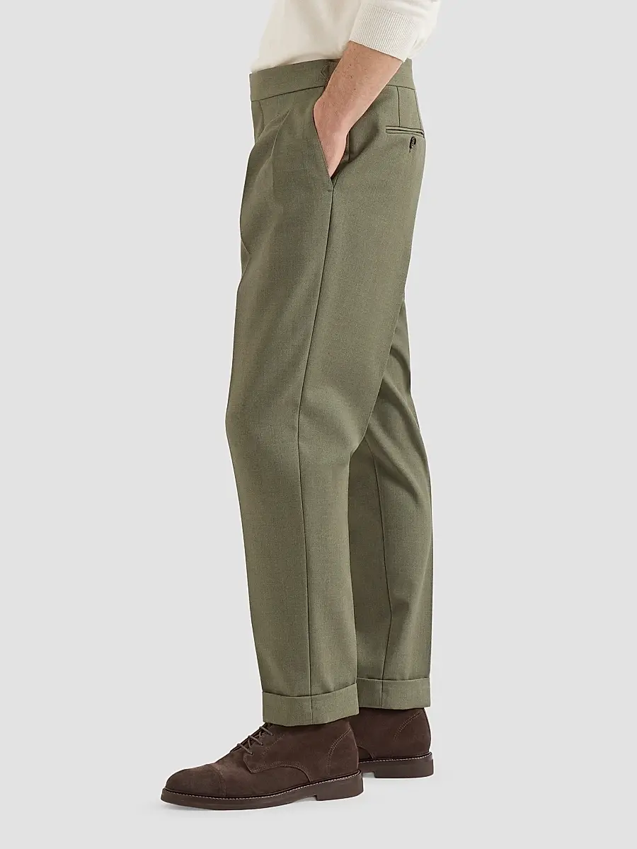 Brunello Cucinelli Men's Virgin Wool Diagonal Trousers with Reversed Double Pleats | Thumbnail 4 Brunello Cucinelli Men's Virgin Wool Diagonal Trousers with Reversed Double Pleats | Thumbnail 4