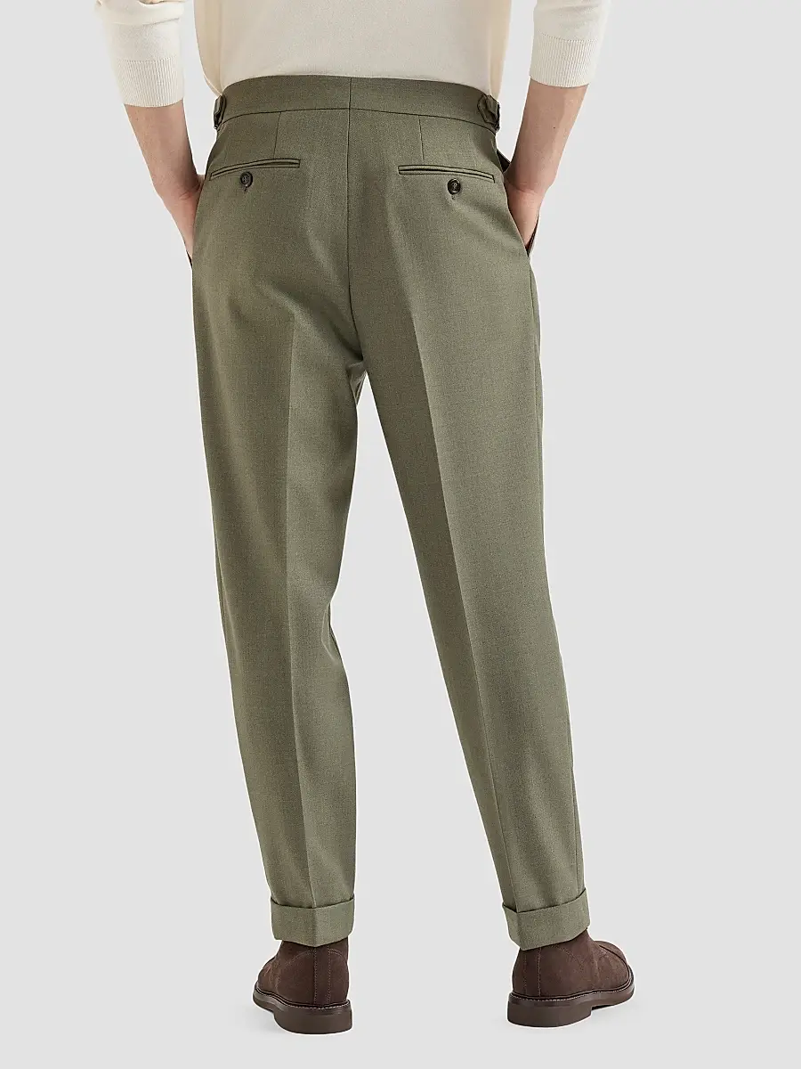 Brunello Cucinelli Men's Virgin Wool Diagonal Trousers with Reversed Double Pleats | Thumbnail 5 Brunello Cucinelli Men's Virgin Wool Diagonal Trousers with Reversed Double Pleats | Thumbnail 5