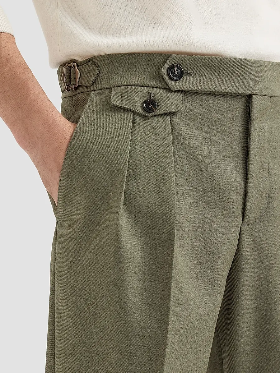Brunello Cucinelli Men's Virgin Wool Diagonal Trousers with Reversed Double Pleats | Thumbnail 6 Brunello Cucinelli Men's Virgin Wool Diagonal Trousers with Reversed Double Pleats | Thumbnail 6