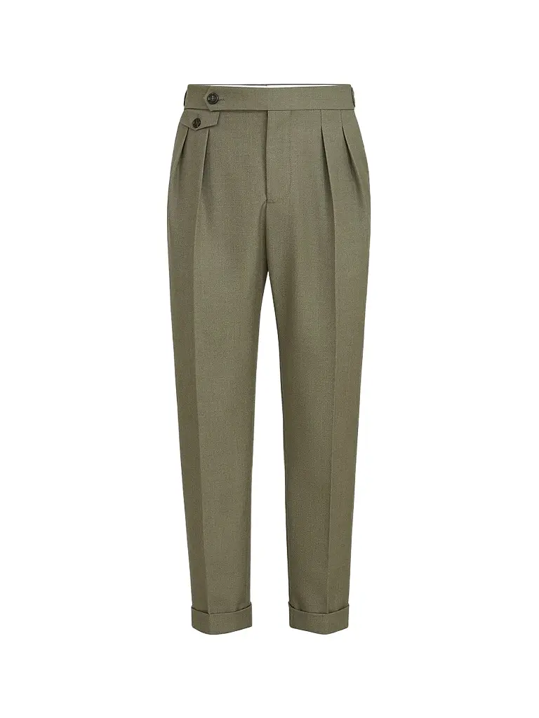 Brunello Cucinelli Men's Virgin Wool Diagonal Trousers with Reversed Double Pleats - Military - Size 46 | Image 1 Brunello Cucinelli Men's Virgin Wool Diagonal Trousers with Reversed Double Pleats - Military - Size 46 | Image 1