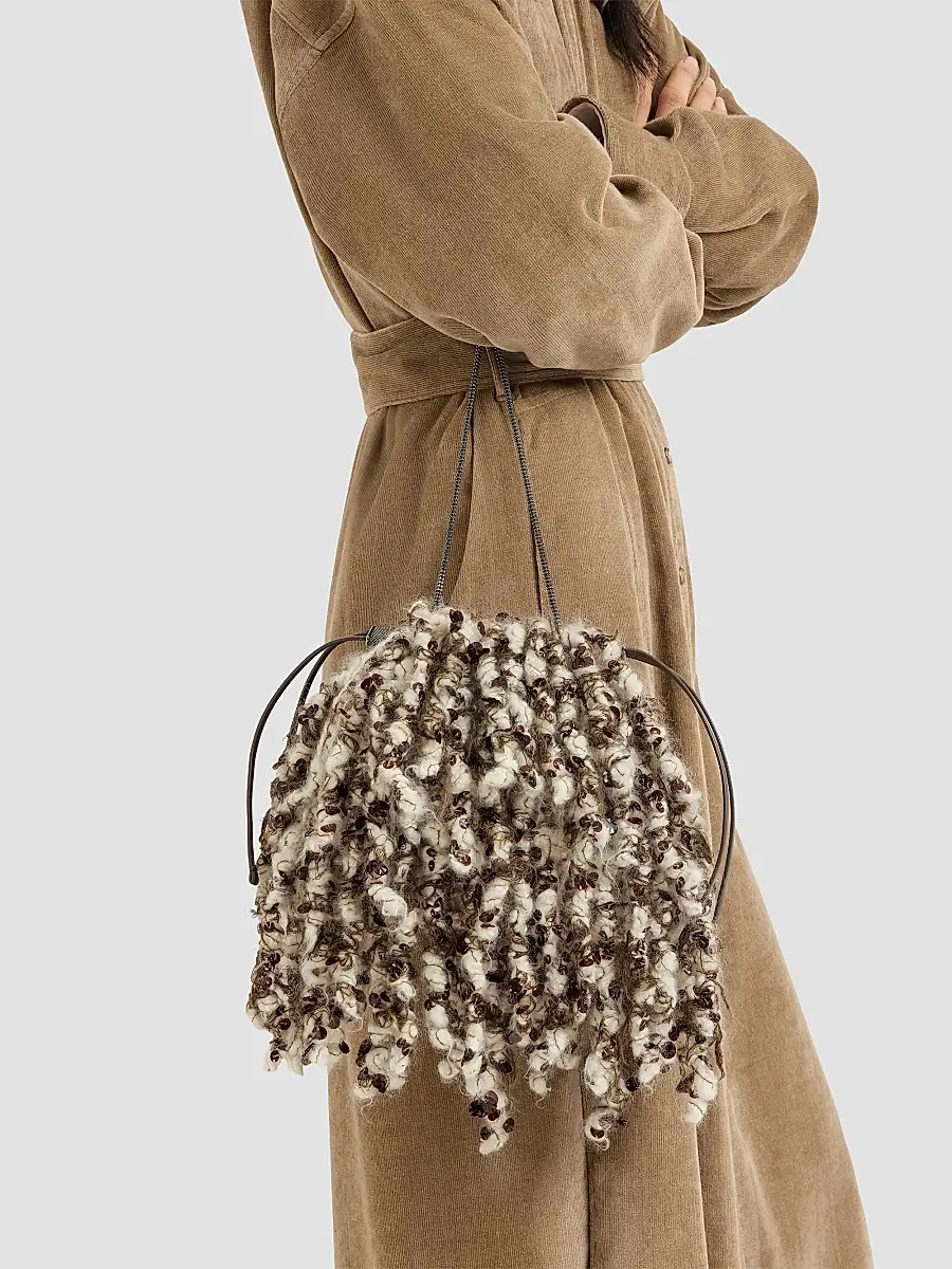 Brunello Cucinelli Women's Dazzling Twist Embroidery Pouch Bag with Precious Chain - Brown | Thumbnail 2