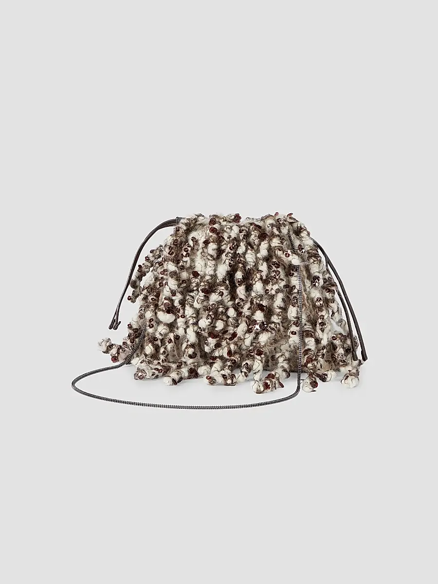 Brunello Cucinelli Women's Dazzling Twist Embroidery Pouch Bag with Precious Chain - Brown | Thumbnail 3