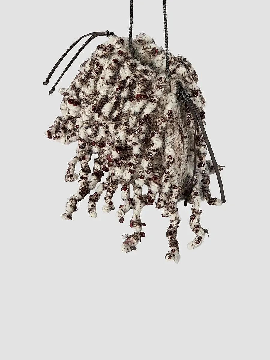 Brunello Cucinelli Women's Dazzling Twist Embroidery Pouch Bag with Precious Chain - Brown | Thumbnail 5