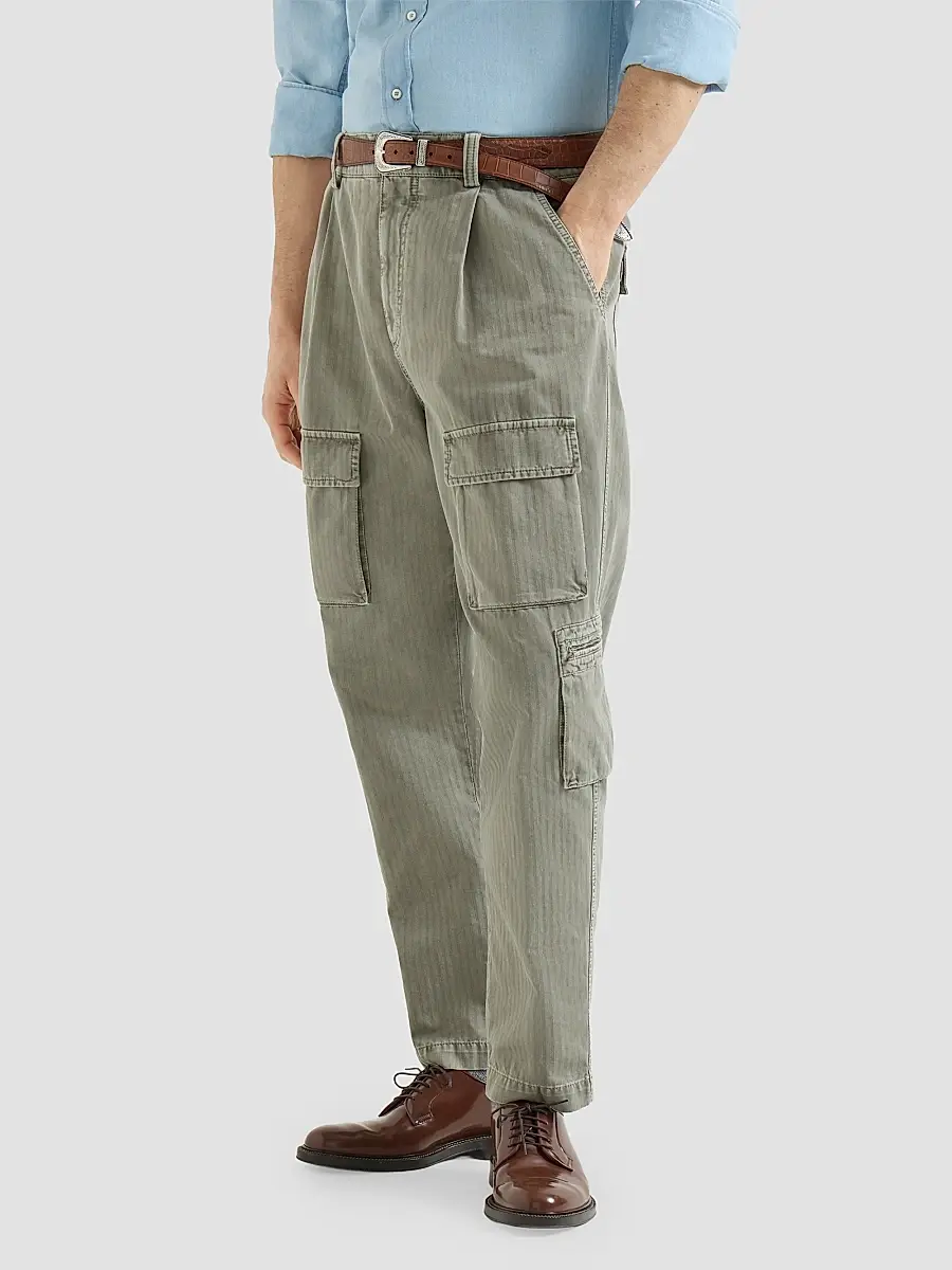 Brunello Cucinelli Men's Cotton Chevron Trousers with Cargo Pockets and Waist Tabs - Military | Thumbnail 2 Brunello Cucinelli Men's Cotton Chevron Trousers with Cargo Pockets and Waist Tabs - Military | Thumbnail 2