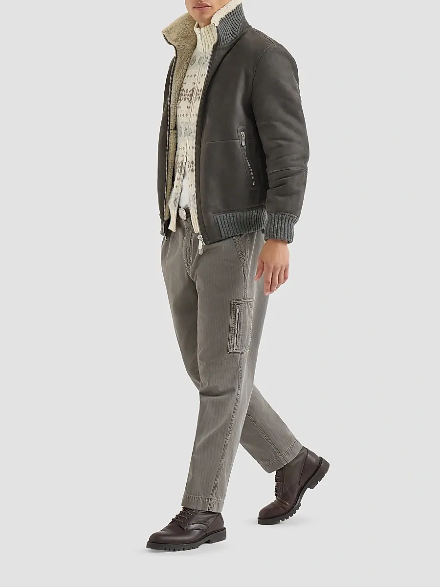Brunello Cucinelli Men's Cashmere Jacquard High-Neck Cardigan with Zipper - Stone Grey | Thumbnail 2