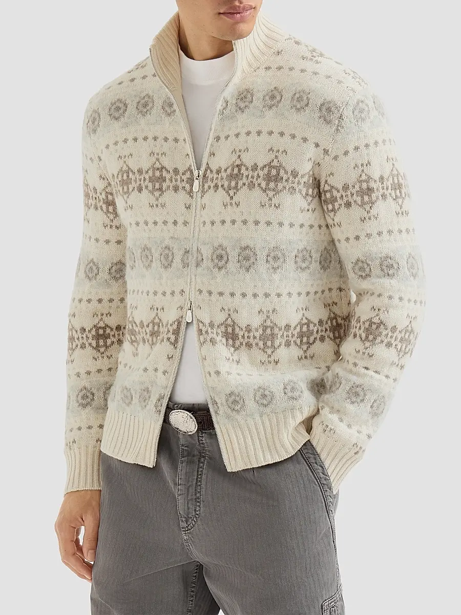 Brunello Cucinelli Men's Cashmere Jacquard High-Neck Cardigan with Zipper - Stone Grey | Thumbnail 3