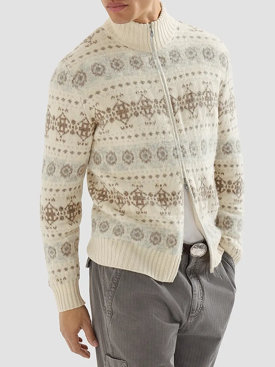 Brunello Cucinelli Men's Cashmere Jacquard High-Neck Cardigan with Zipper - Stone Grey | Thumbnail 5