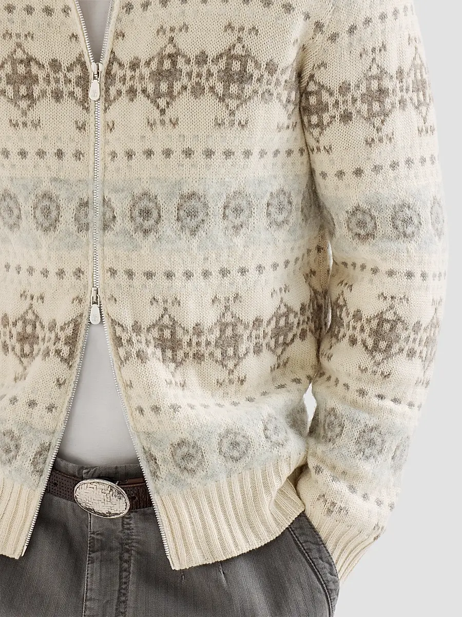 Brunello Cucinelli Men's Cashmere Jacquard High-Neck Cardigan with Zipper - Stone Grey | Thumbnail 6