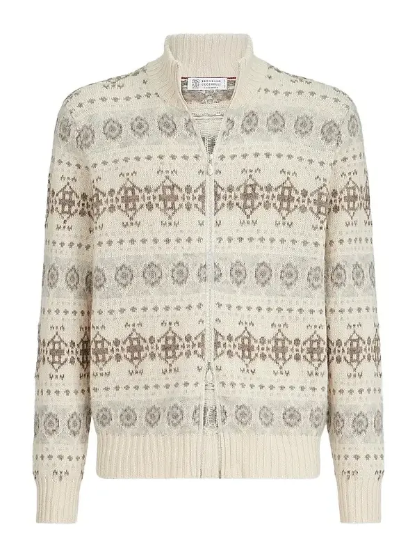 Men's Cashmere Jacquard High-Neck Cardigan with Zipper - Stone Grey