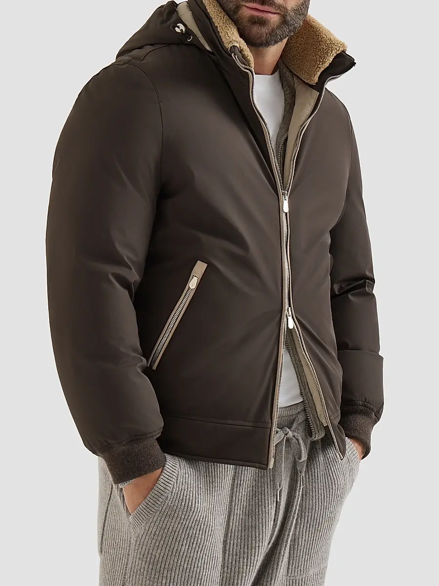 Brunello Cucinelli Men's Stretch Bonded Nylon Down Jacket with Detachable Hood - Brown | Thumbnail 3 Brunello Cucinelli Men's Stretch Bonded Nylon Down Jacket with Detachable Hood - Brown | Thumbnail 3