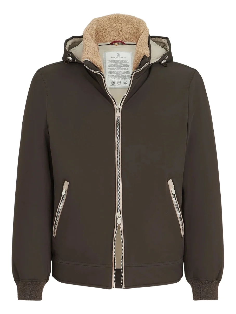 Men's Stretch Bonded Nylon Down Jacket with Detachable Hood - Brown Men's Stretch Bonded Nylon Down Jacket with Detachable Hood - Brown