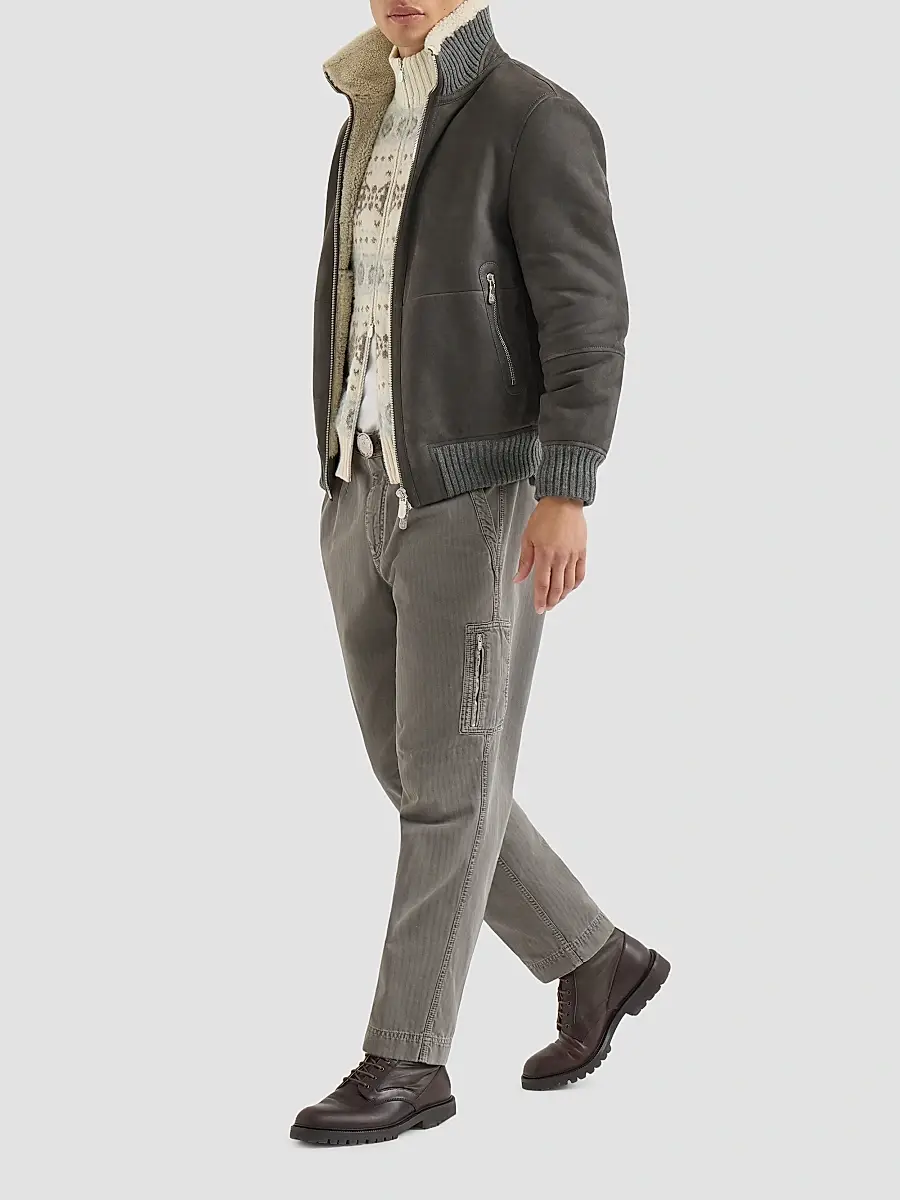 Brunello Cucinelli Men's Suede Curly Shearling Bomber Jacket | Thumbnail 2