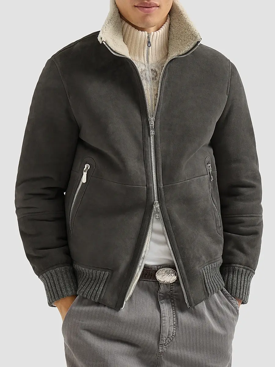 Brunello Cucinelli Men's Suede Curly Shearling Bomber Jacket | Thumbnail 3