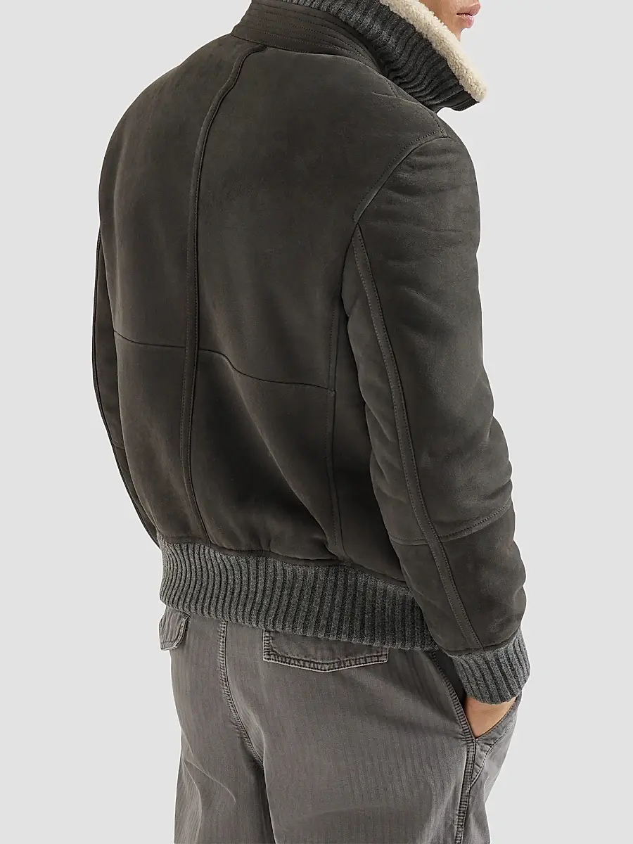 Brunello Cucinelli Men's Suede Curly Shearling Bomber Jacket | Thumbnail 4