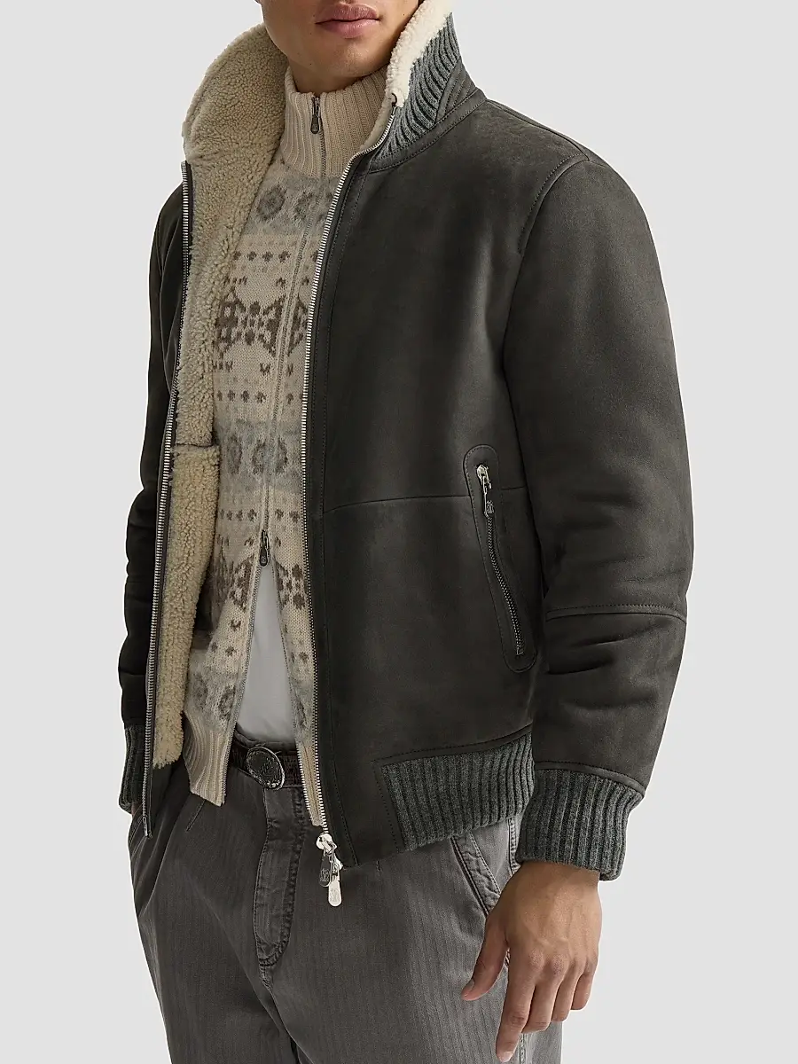 Brunello Cucinelli Men's Suede Curly Shearling Bomber Jacket | Thumbnail 5