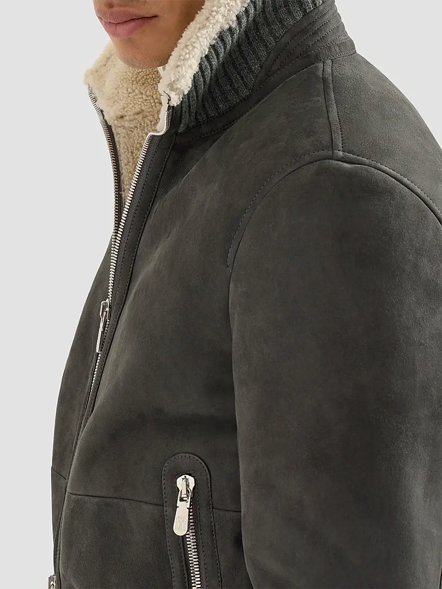 Brunello Cucinelli Men's Suede Curly Shearling Bomber Jacket | Thumbnail 6
