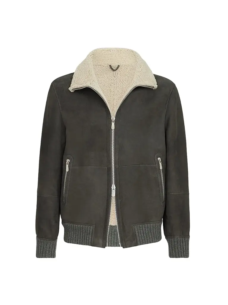 Brunello Cucinelli Men's Suede Curly Shearling Bomber Jacket - Grey | Image 1 Brunello Cucinelli Men's Suede Curly Shearling Bomber Jacket - Grey | Image 1