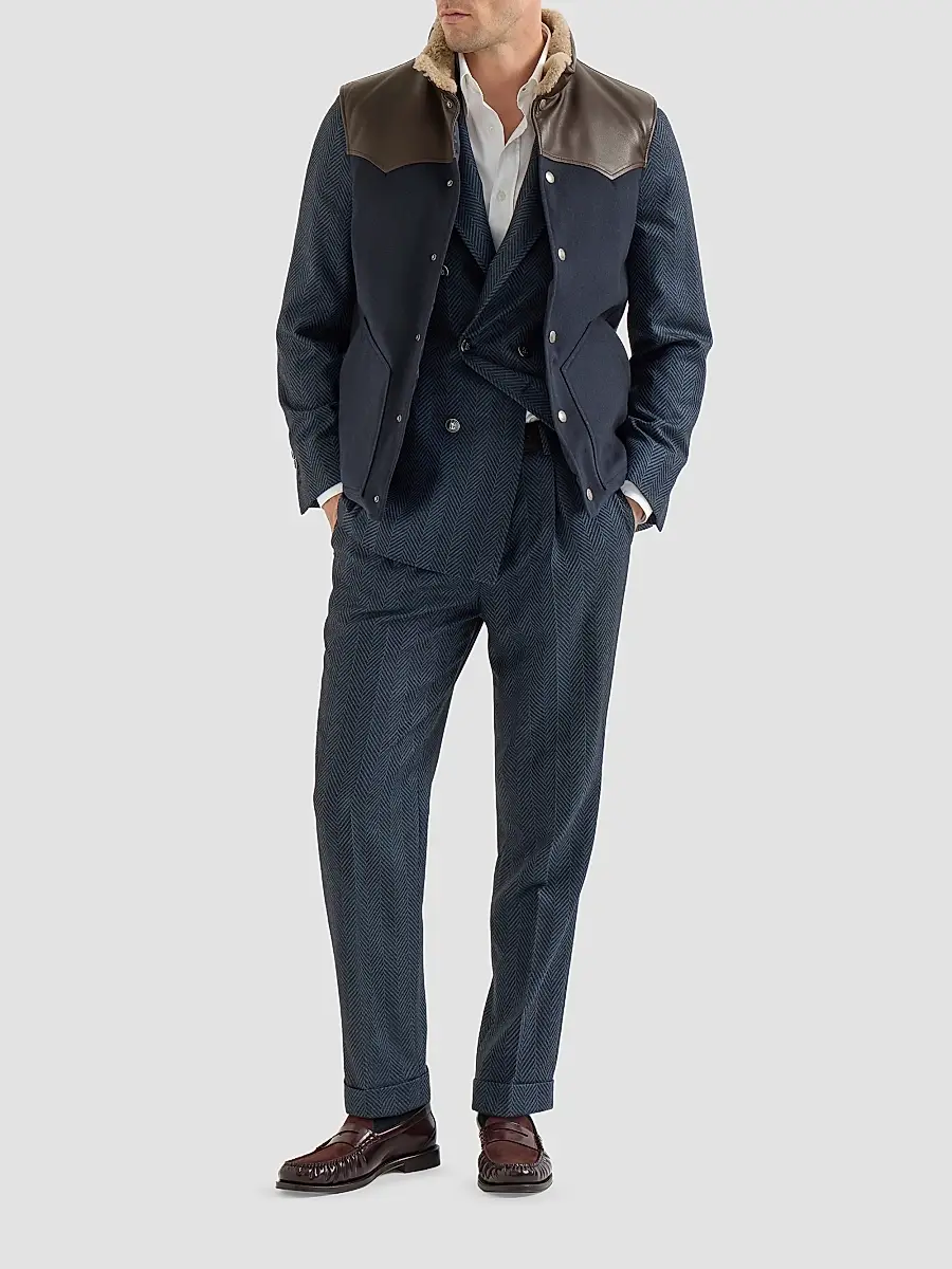 Brunello Cucinelli Men's Bonded Wool Down Vest with Shearling Collar and Nappa Leather Inserts | Thumbnail 2