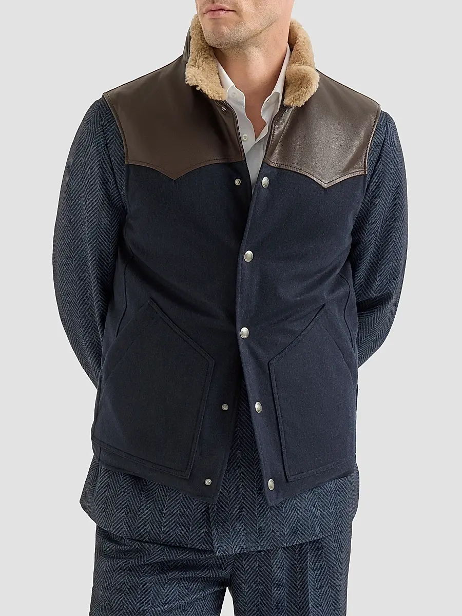 Brunello Cucinelli Men's Bonded Wool Down Vest with Shearling Collar and Nappa Leather Inserts | Thumbnail 3
